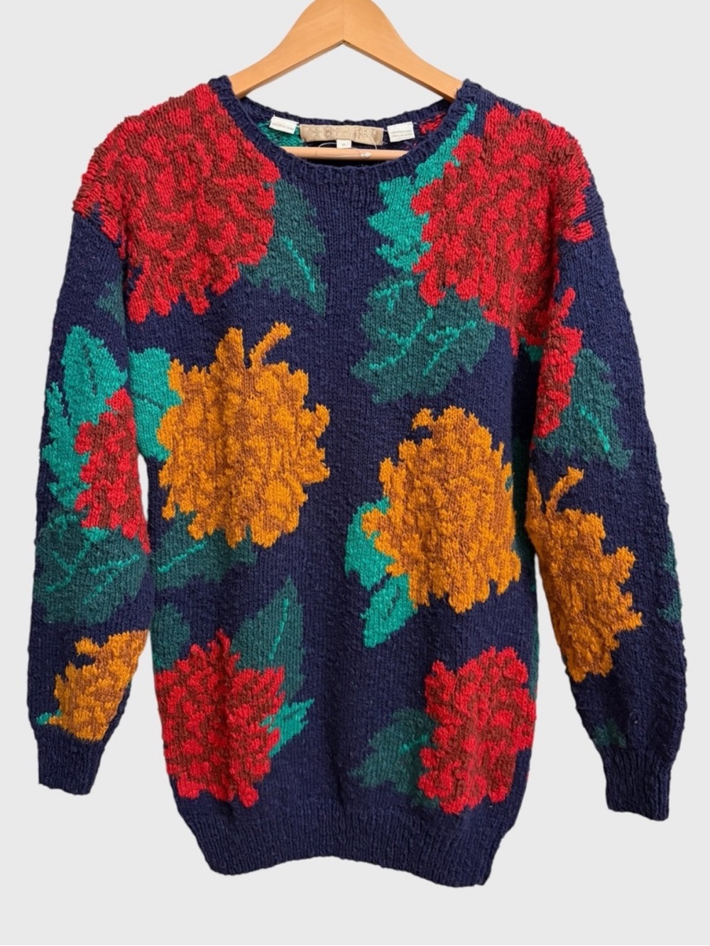 Vintage Perry Ellis Portfolio Hand Knit Floral Sweater M 80s 90s Wearable Art